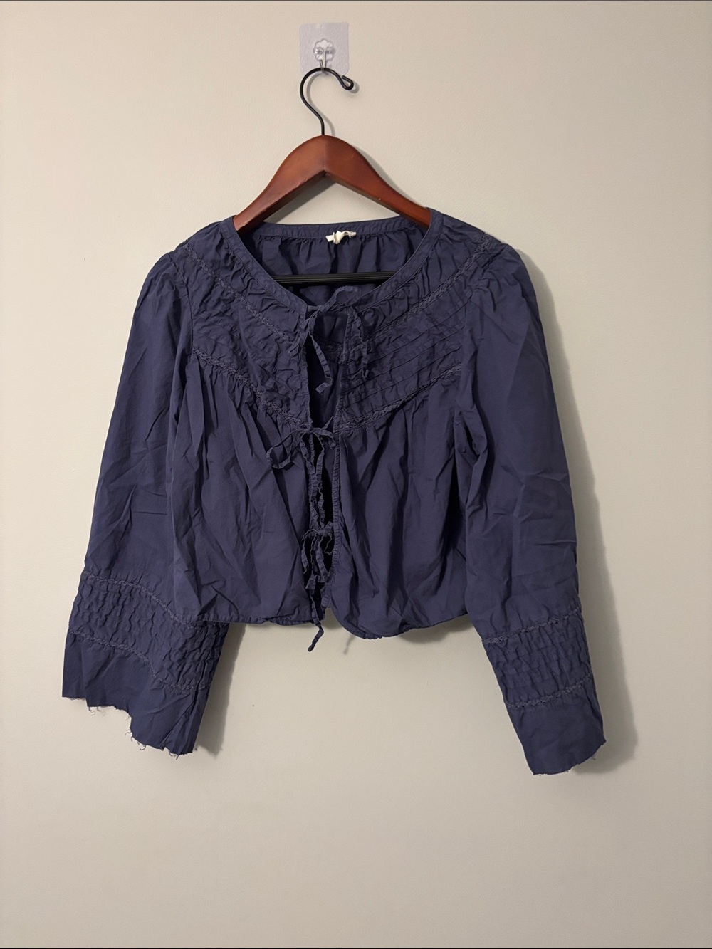 aerie Navy Smocked Tie-Front Peasant Blouse